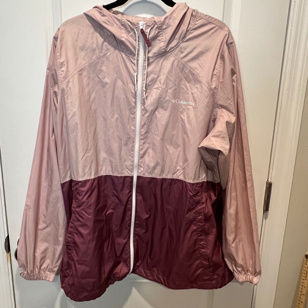 Columbia Womens Windbreaker Colorblock Hooded Pink Burgundy Size 1X